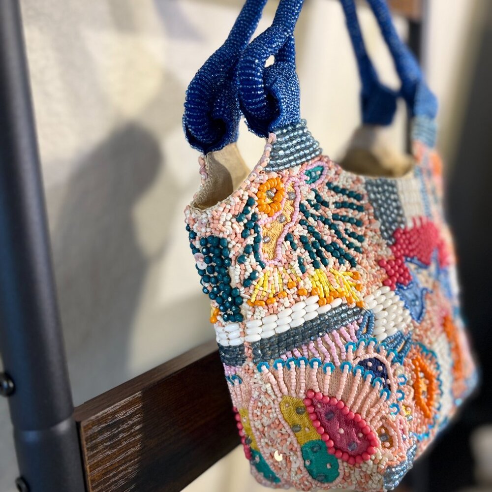 Viral Made in India Beaded Bag Multicolor w/ Blue Handle - Picture 3 of 6